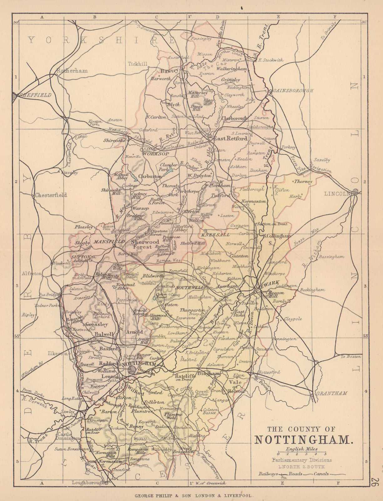 NOTTINGHAMSHIRE. County map. Railways canals. Constituencies. PHILIP 1885